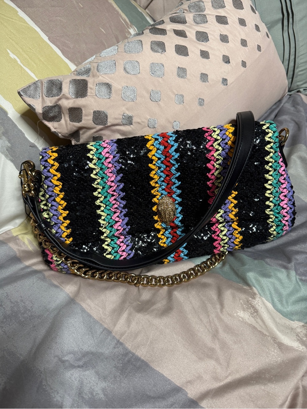 Kurt Geiger East West Kensington Black Woven Multicolor Sequin Chain-Shoulder Ba